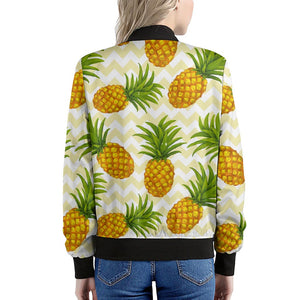 Beige Zig Zag Pineapple Pattern Print Women's Bomber Jacket