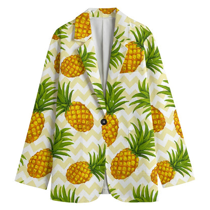 Beige Zig Zag Pineapple Pattern Print Women's Cotton Blazer