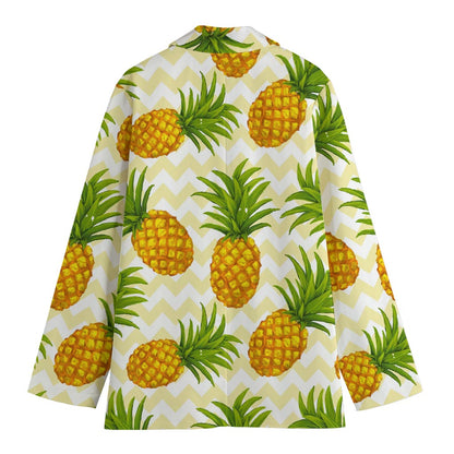 Beige Zig Zag Pineapple Pattern Print Women's Cotton Blazer