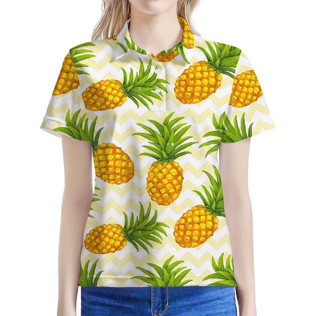 Beige Zig Zag Pineapple Pattern Print Women's Polo Shirt