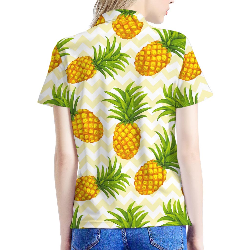 Beige Zig Zag Pineapple Pattern Print Women's Polo Shirt