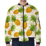 Beige Zig Zag Pineapple Pattern Print Zip Sleeve Bomber Jacket