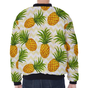 Beige Zig Zag Pineapple Pattern Print Zip Sleeve Bomber Jacket