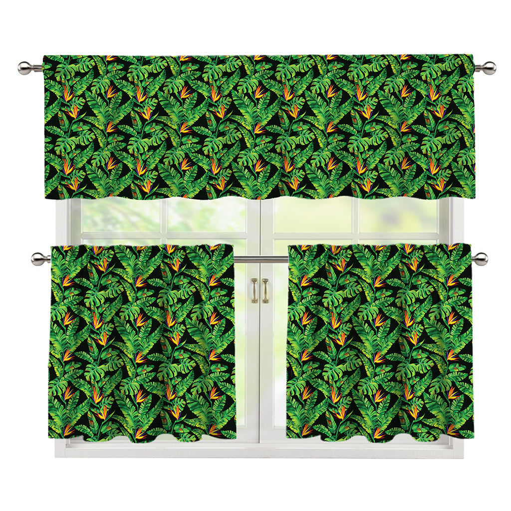 Bird Of Paradise And Palm Leaves Print 3 Piece Kitchen Curtains