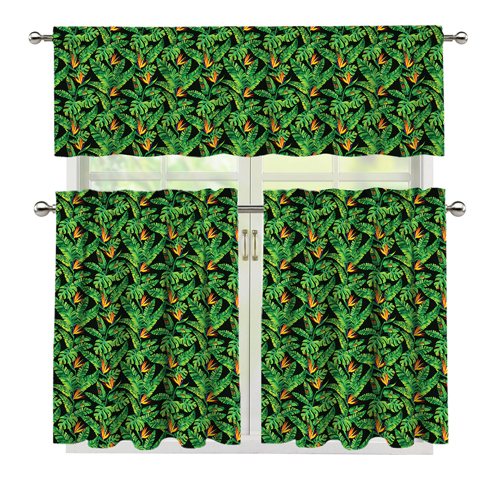 Bird Of Paradise And Palm Leaves Print 3 Piece Kitchen Curtains