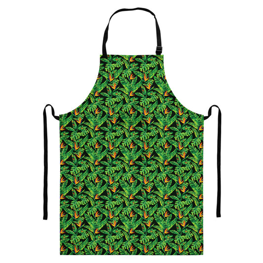 Bird Of Paradise And Palm Leaves Print Bib Apron With Pocket