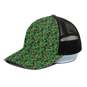 Bird Of Paradise And Palm Leaves Print Black Mesh Trucker Cap