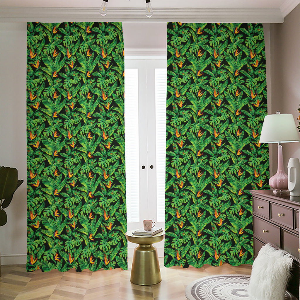 Bird Of Paradise And Palm Leaves Print Blackout Pencil Pleat Curtains