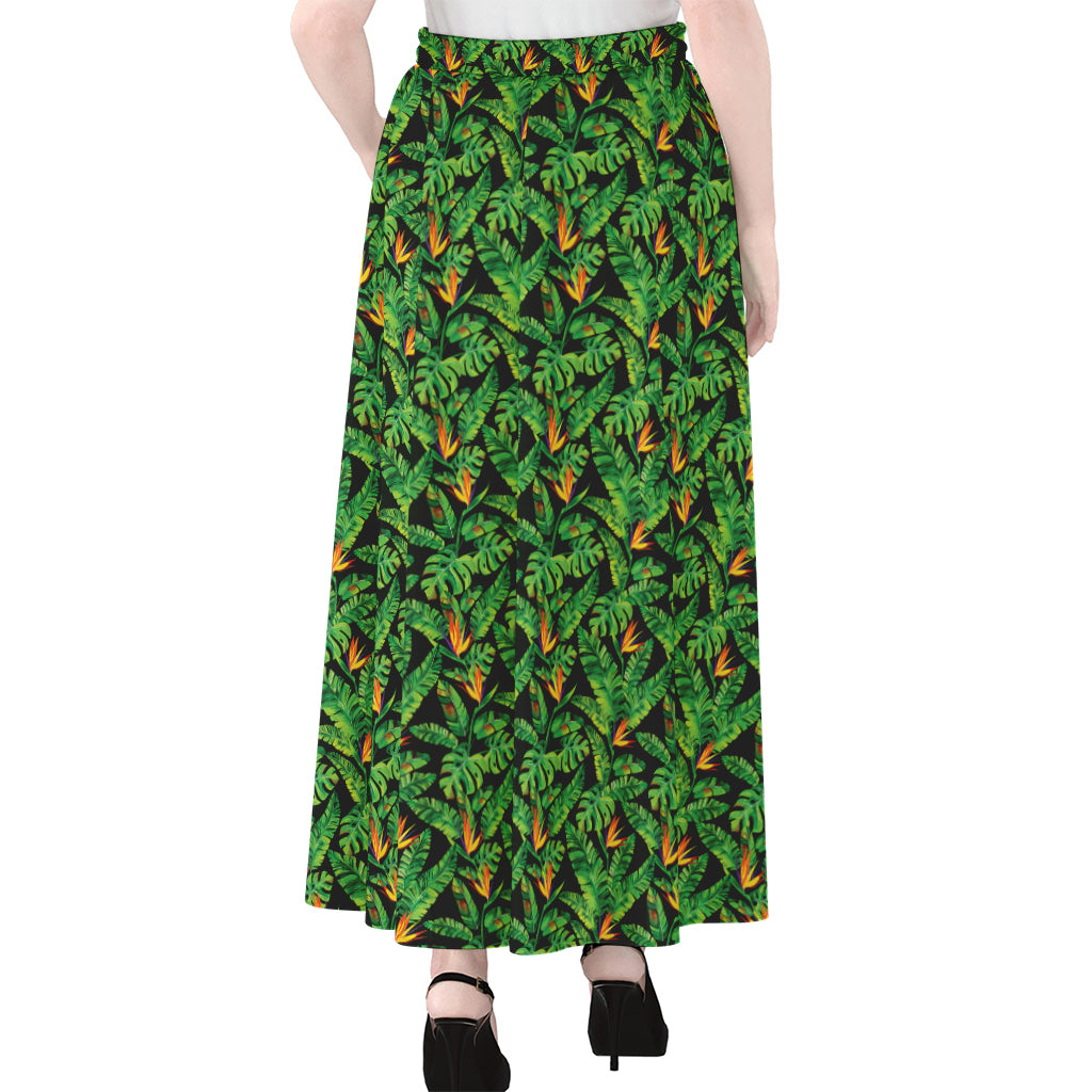 Bird Of Paradise And Palm Leaves Print Chiffon Maxi Skirt