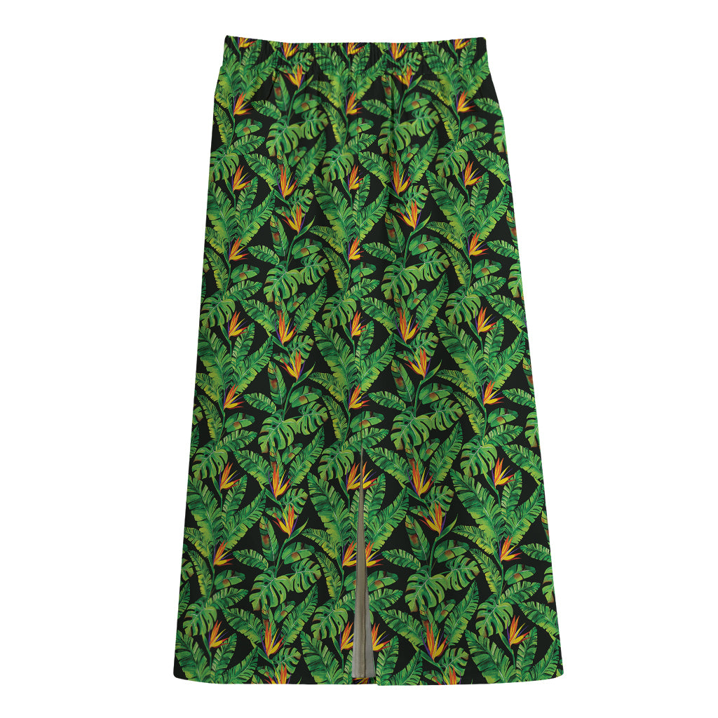 Bird Of Paradise And Palm Leaves Print Cotton Front Slit Maxi Skirt