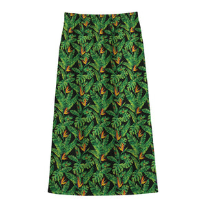 Bird Of Paradise And Palm Leaves Print Cotton Front Slit Maxi Skirt