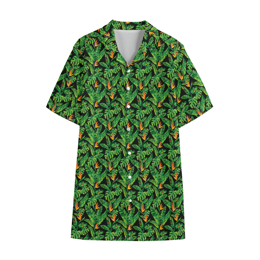 Bird Of Paradise And Palm Leaves Print Cotton Hawaiian Shirt