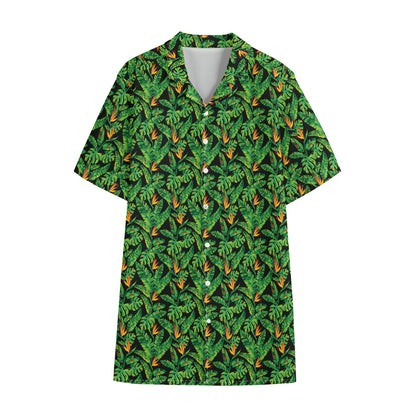Bird Of Paradise And Palm Leaves Print Cotton Hawaiian Shirt