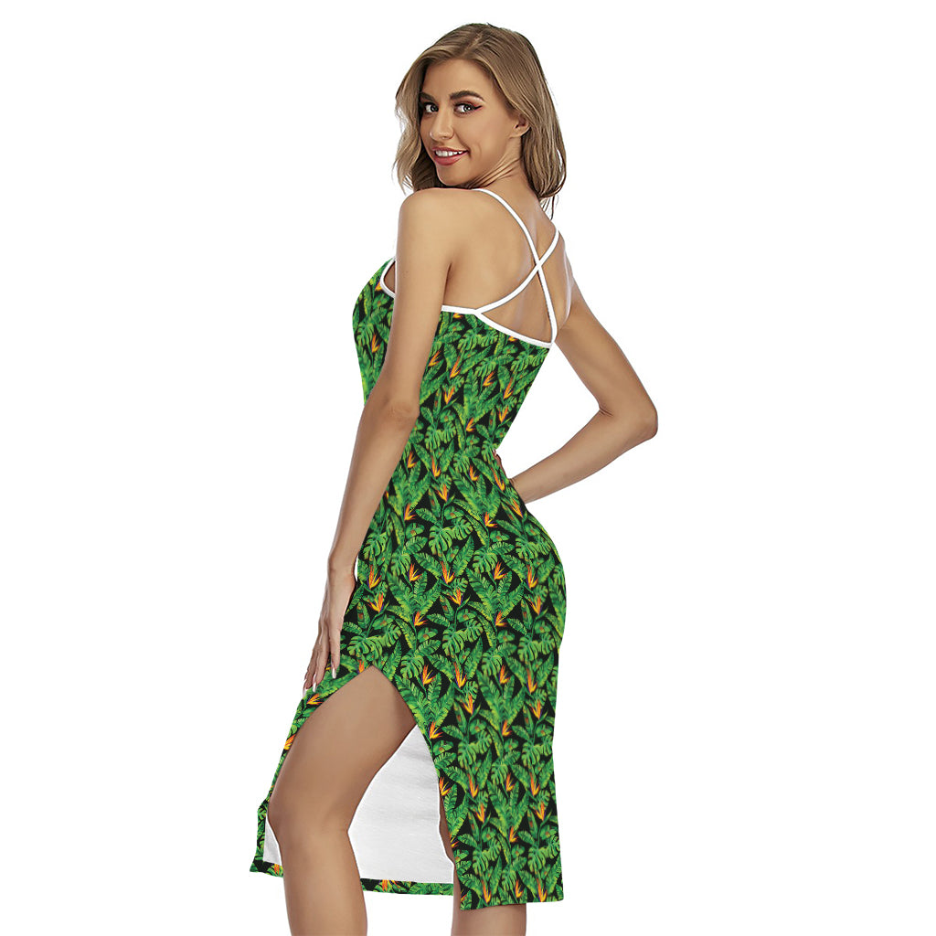 Bird Of Paradise And Palm Leaves Print Cross Back Cami Dress