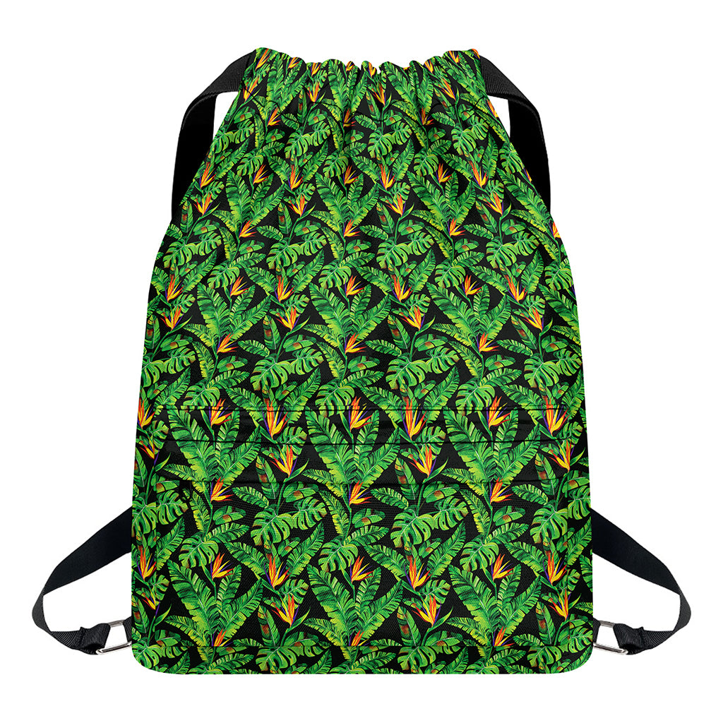 Bird Of Paradise And Palm Leaves Print Drawstring Backpack