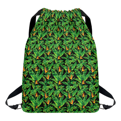 Bird Of Paradise And Palm Leaves Print Drawstring Backpack