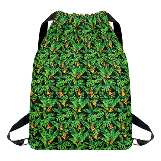 Bird Of Paradise And Palm Leaves Print Drawstring Backpack