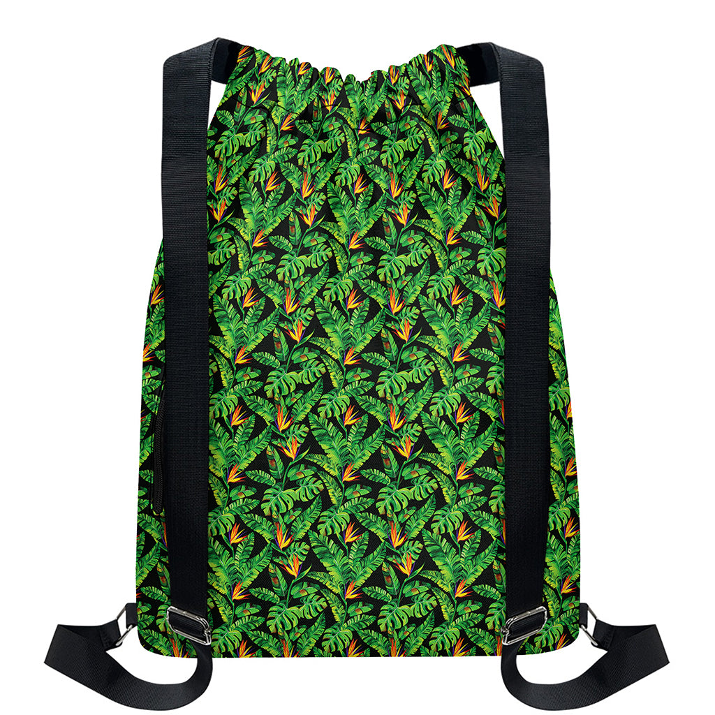 Bird Of Paradise And Palm Leaves Print Drawstring Backpack