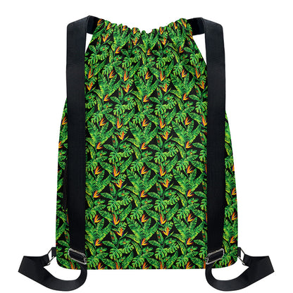Bird Of Paradise And Palm Leaves Print Drawstring Backpack