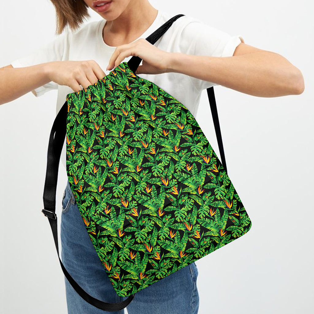Bird Of Paradise And Palm Leaves Print Drawstring Backpack