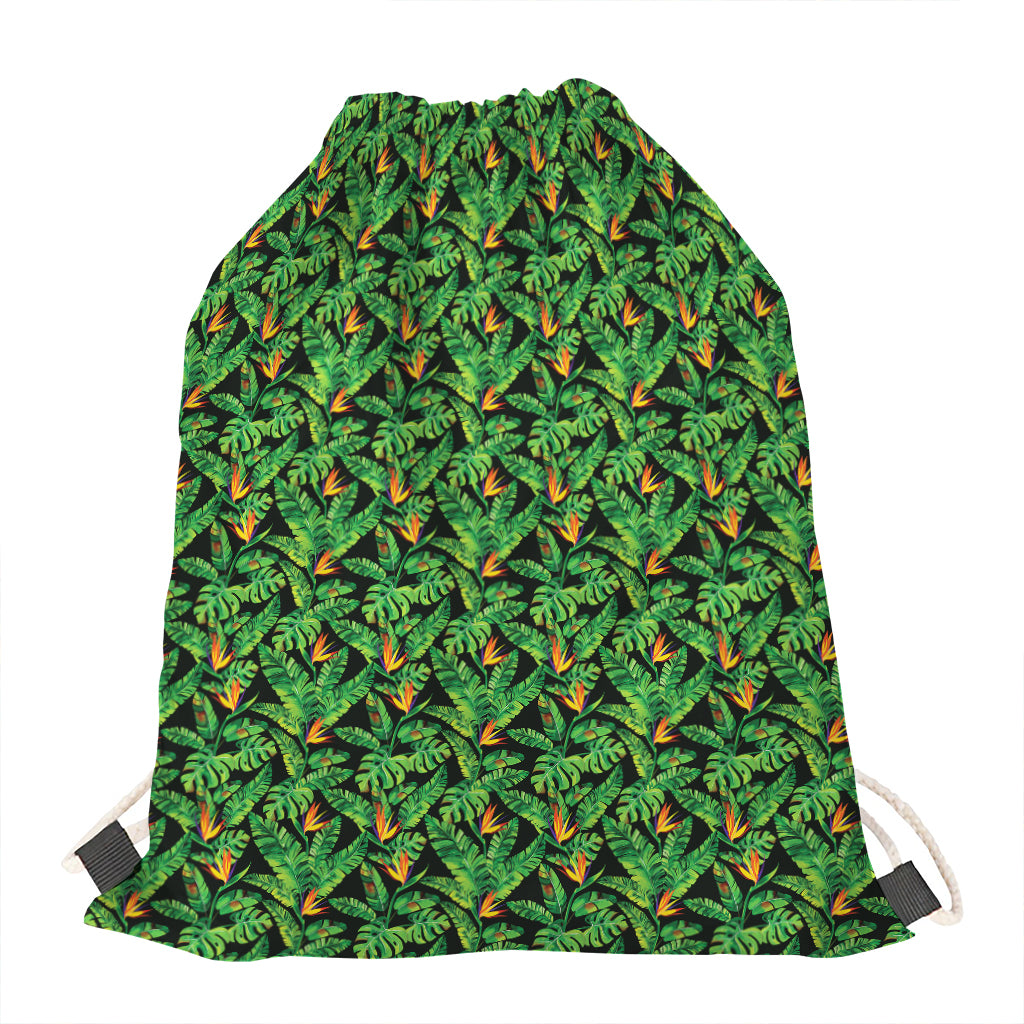 Bird Of Paradise And Palm Leaves Print Drawstring Bag