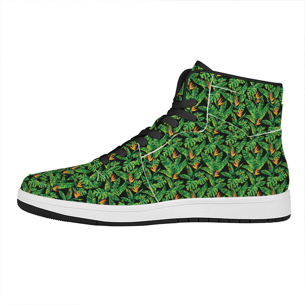 Bird Of Paradise And Palm Leaves Print High Top Leather Sneakers