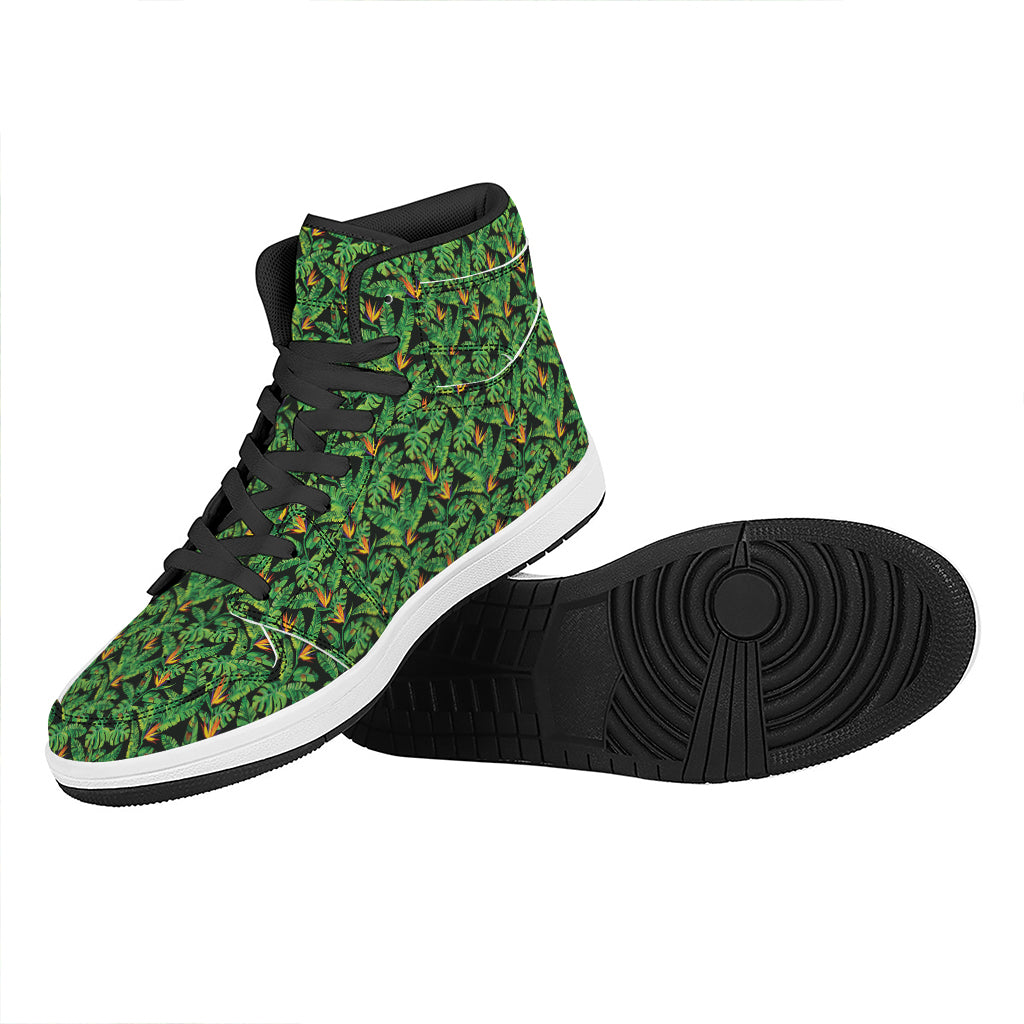 Bird Of Paradise And Palm Leaves Print High Top Leather Sneakers