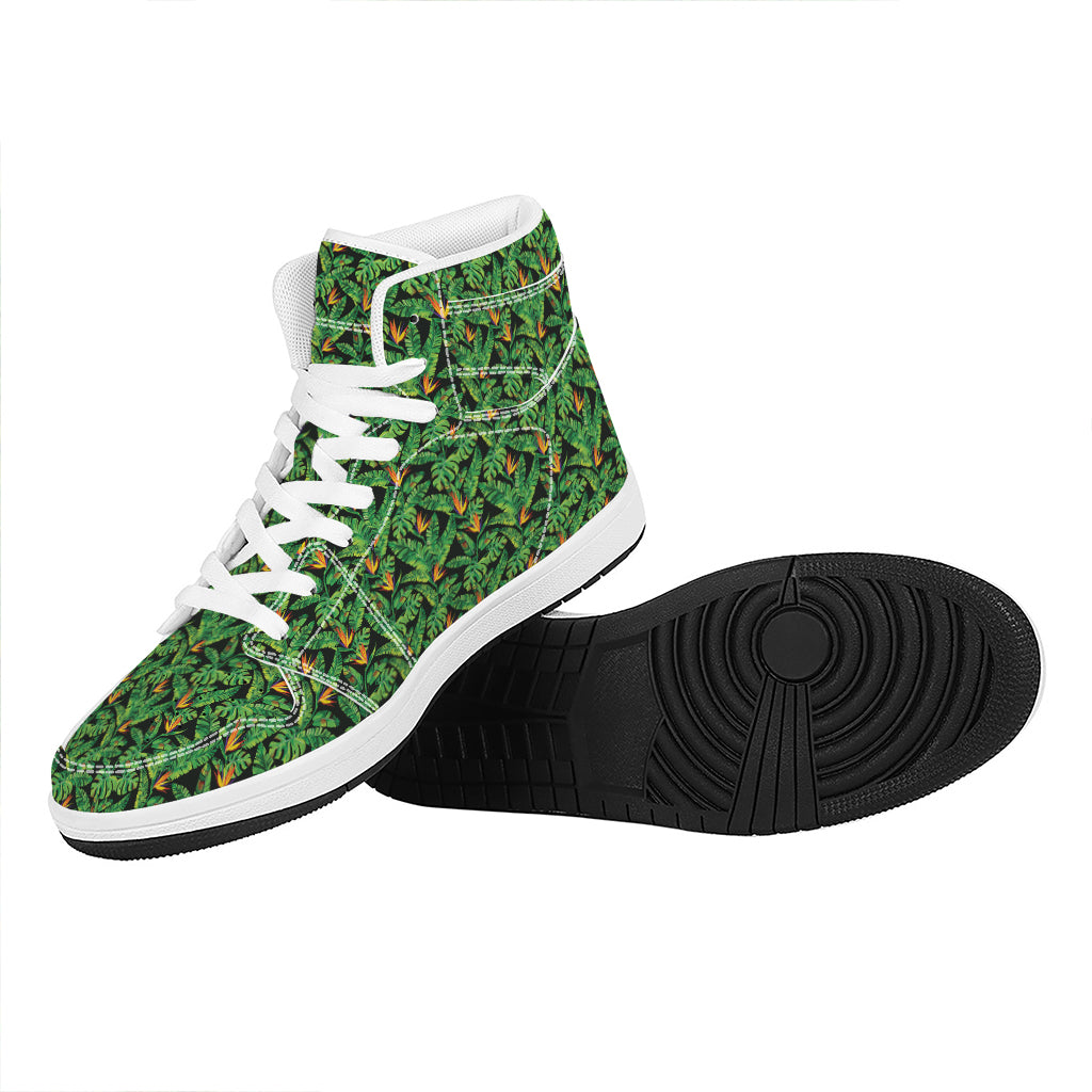 Bird Of Paradise And Palm Leaves Print High Top Leather Sneakers