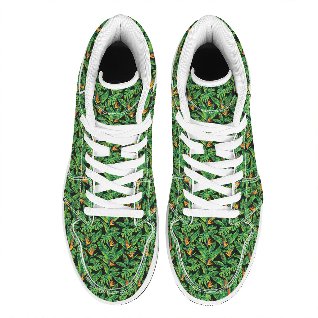 Bird Of Paradise And Palm Leaves Print High Top Leather Sneakers