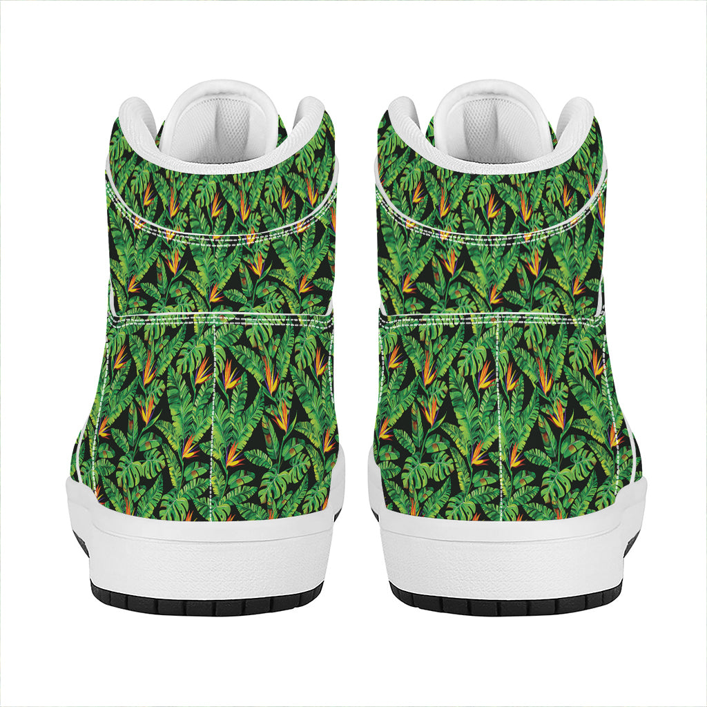 Bird Of Paradise And Palm Leaves Print High Top Leather Sneakers