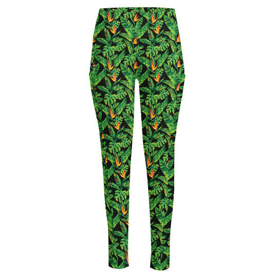 Bird Of Paradise And Palm Leaves Print High-Waisted Pocket Leggings
