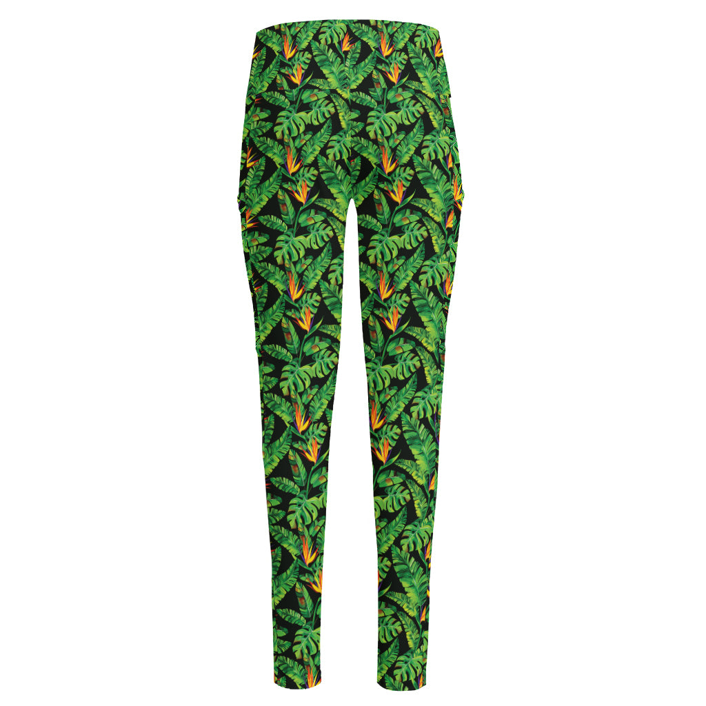 Bird Of Paradise And Palm Leaves Print High-Waisted Pocket Leggings