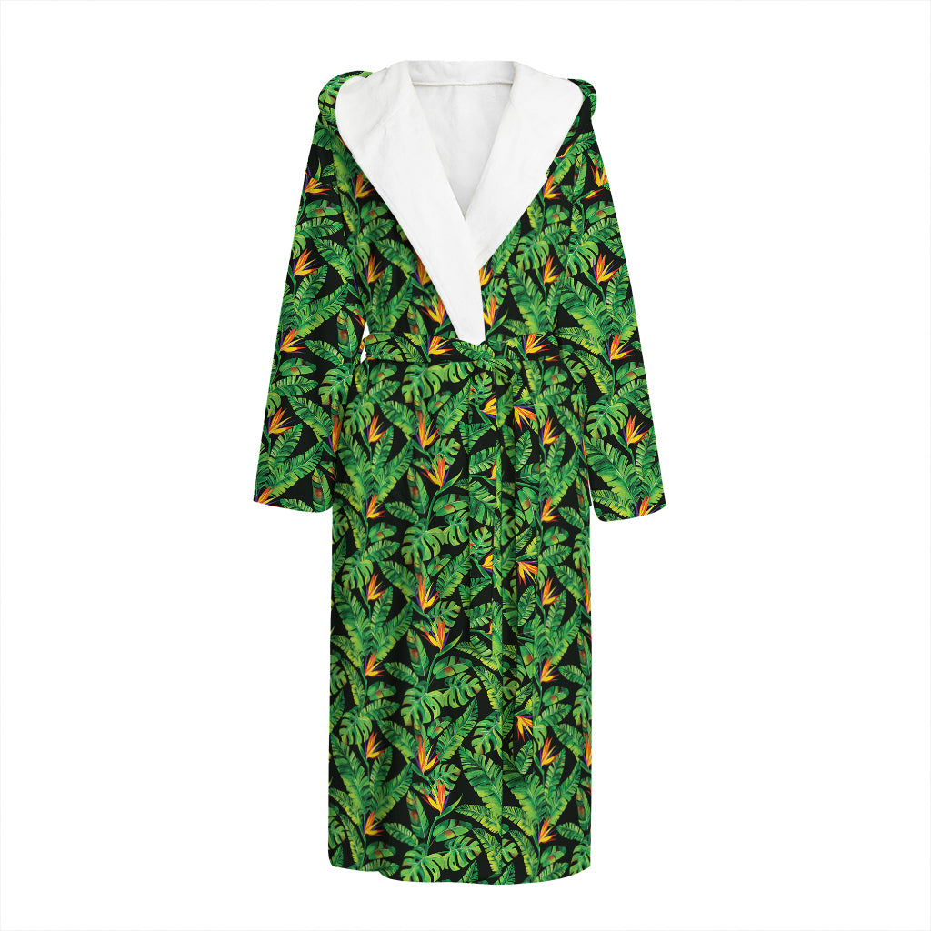 Bird Of Paradise And Palm Leaves Print Hooded Bathrobe