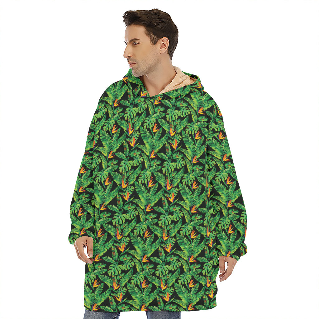 Bird Of Paradise And Palm Leaves Print Hoodie Blanket