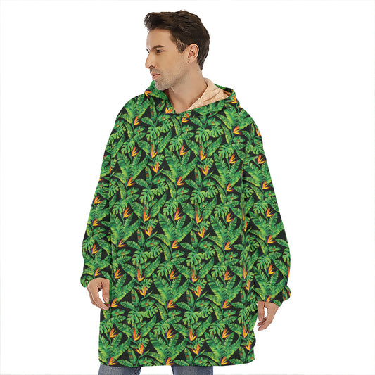 Bird Of Paradise And Palm Leaves Print Hoodie Blanket