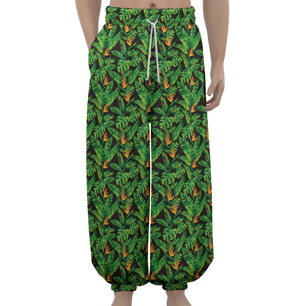 Bird Of Paradise And Palm Leaves Print Lantern Pants