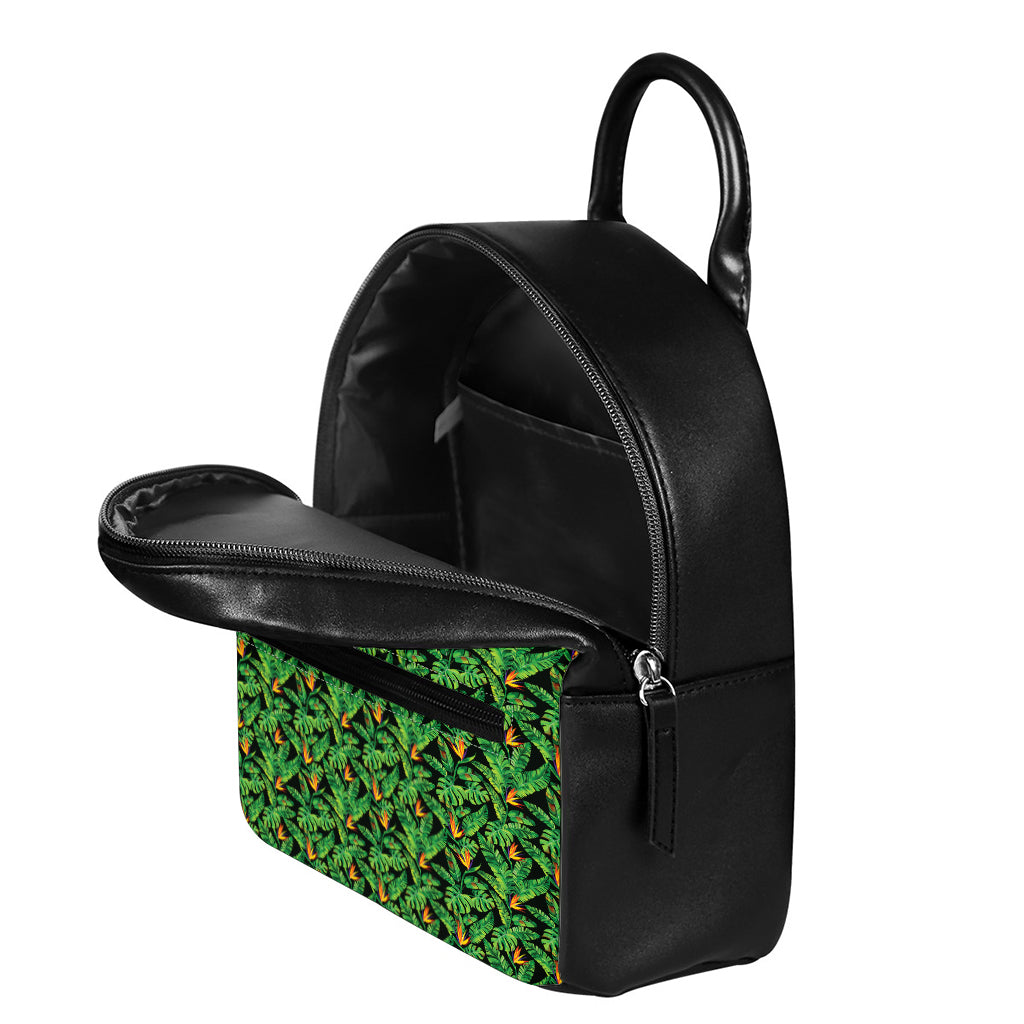 Bird Of Paradise And Palm Leaves Print Leather Backpack