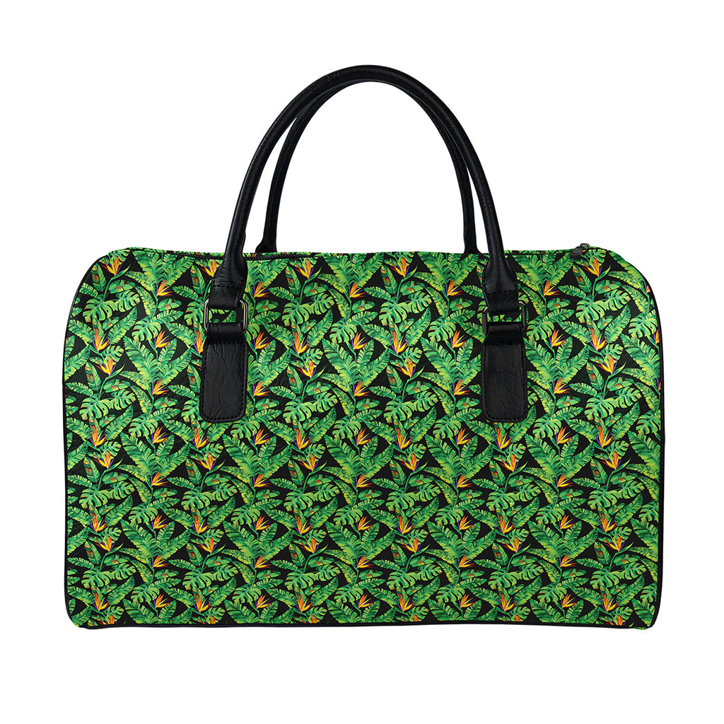 Bird Of Paradise And Palm Leaves Print Leather Duffle Bag