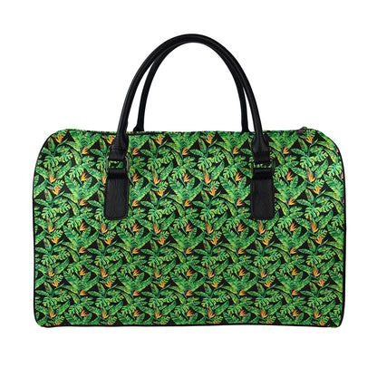 Bird Of Paradise And Palm Leaves Print Leather Duffle Bag