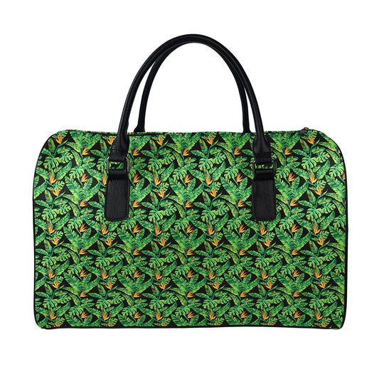 Bird Of Paradise And Palm Leaves Print Leather Duffle Bag