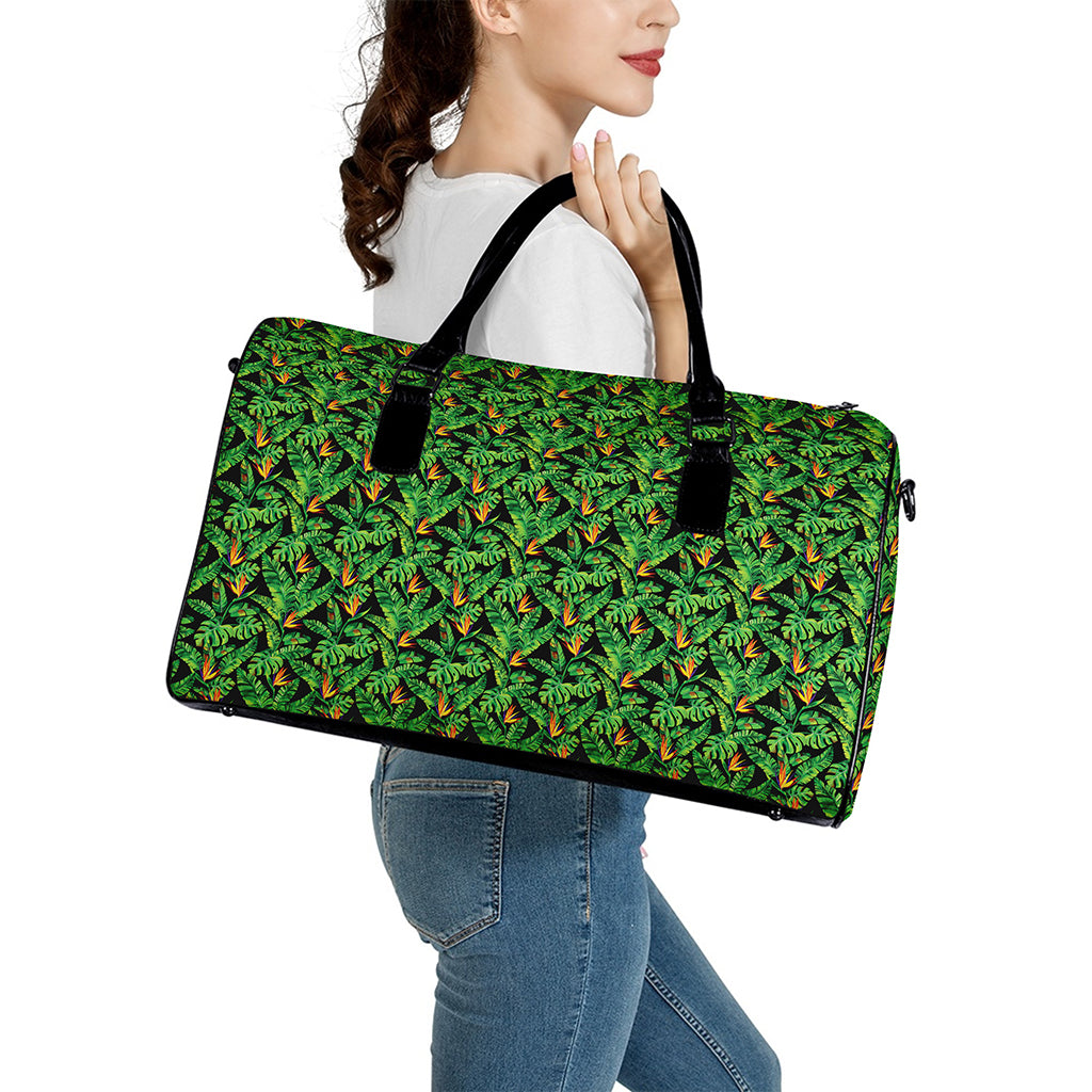 Bird Of Paradise And Palm Leaves Print Leather Duffle Bag