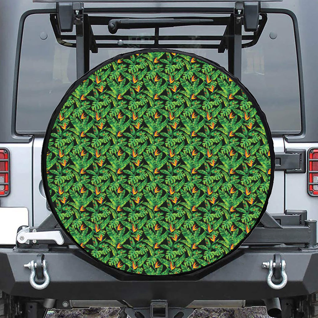 Bird Of Paradise And Palm Leaves Print Leather Spare Tire Cover