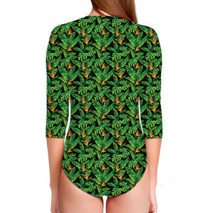 Bird Of Paradise And Palm Leaves Print Long Sleeve Swimsuit
