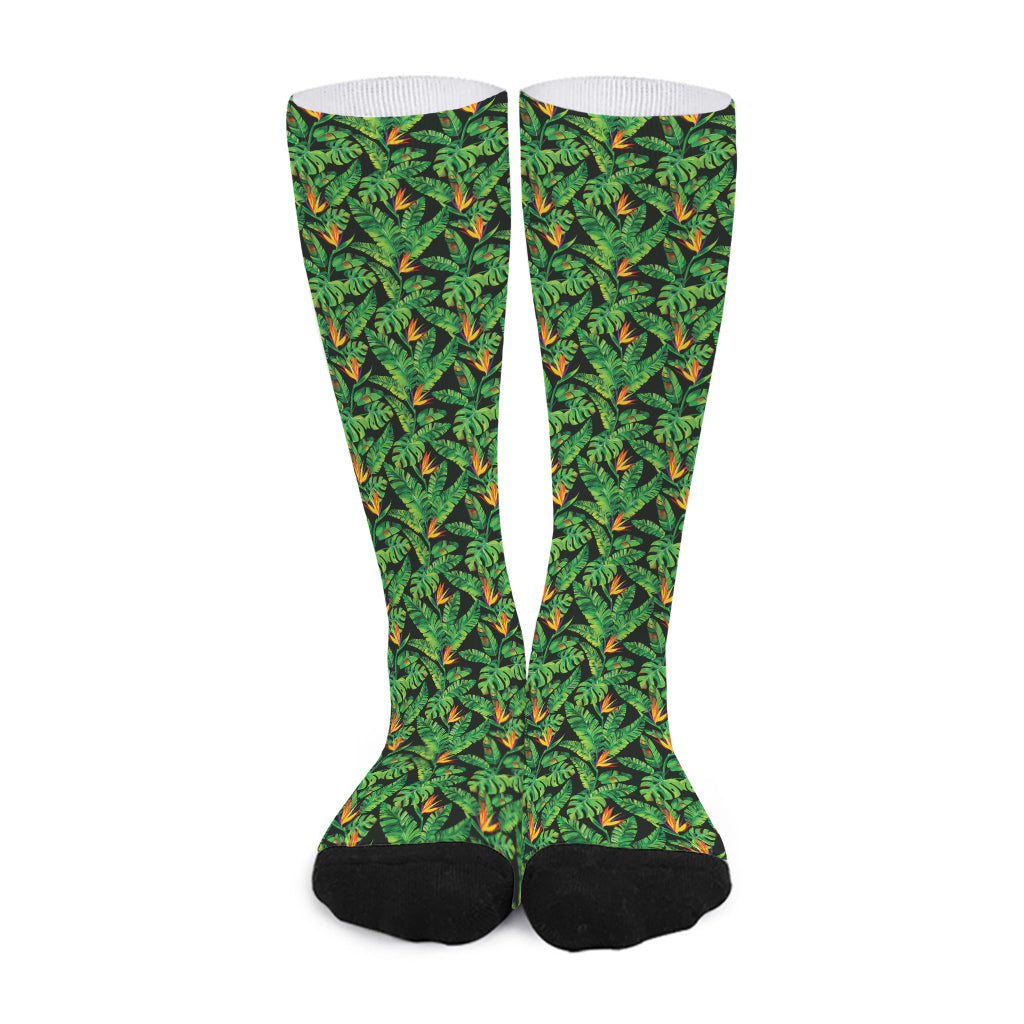 Bird Of Paradise And Palm Leaves Print Long Socks