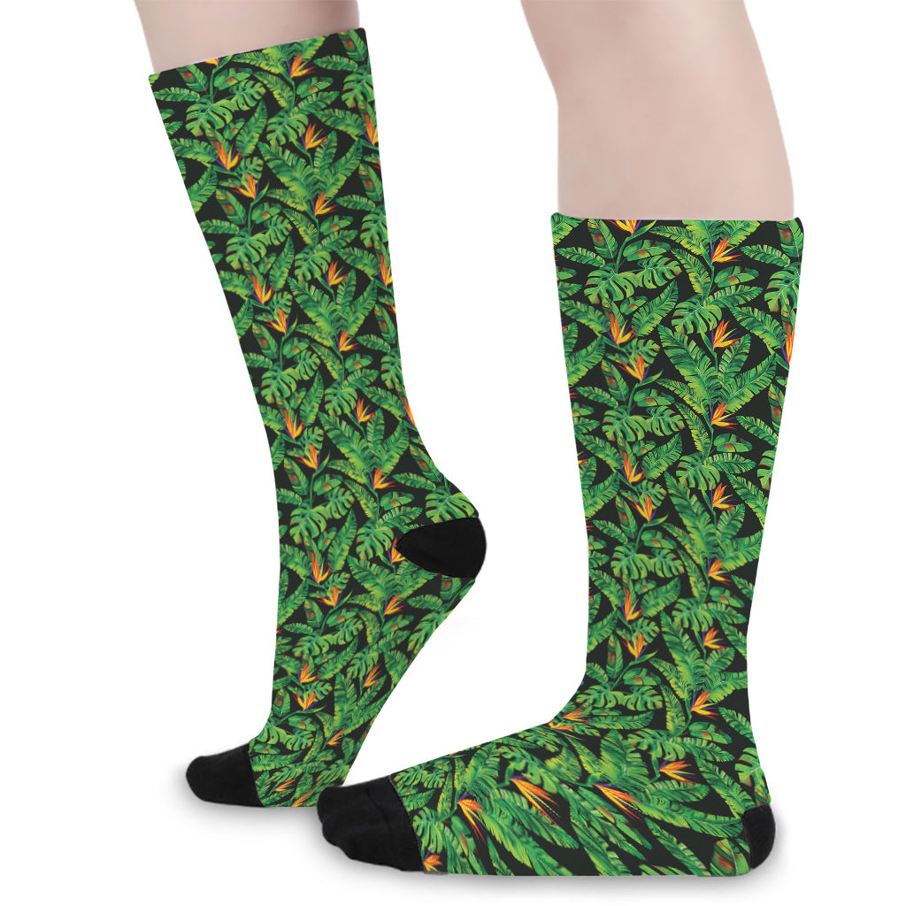 Bird Of Paradise And Palm Leaves Print Long Socks