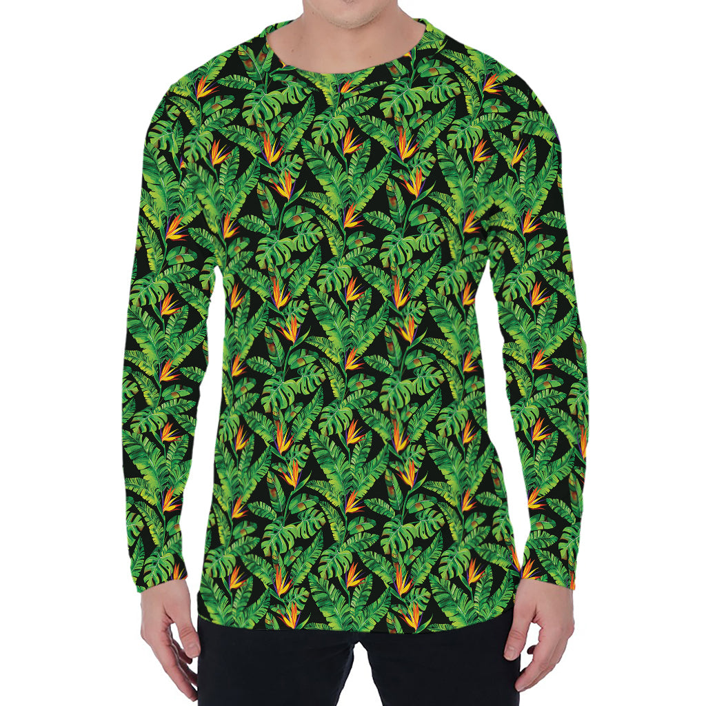 Bird Of Paradise And Palm Leaves Print Men's Long Sleeve T-Shirt