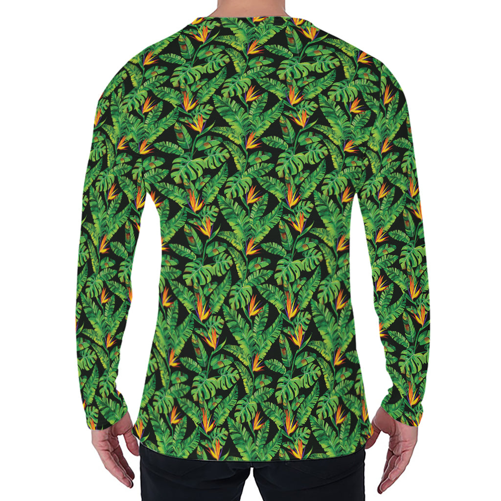 Bird Of Paradise And Palm Leaves Print Men's Long Sleeve T-Shirt