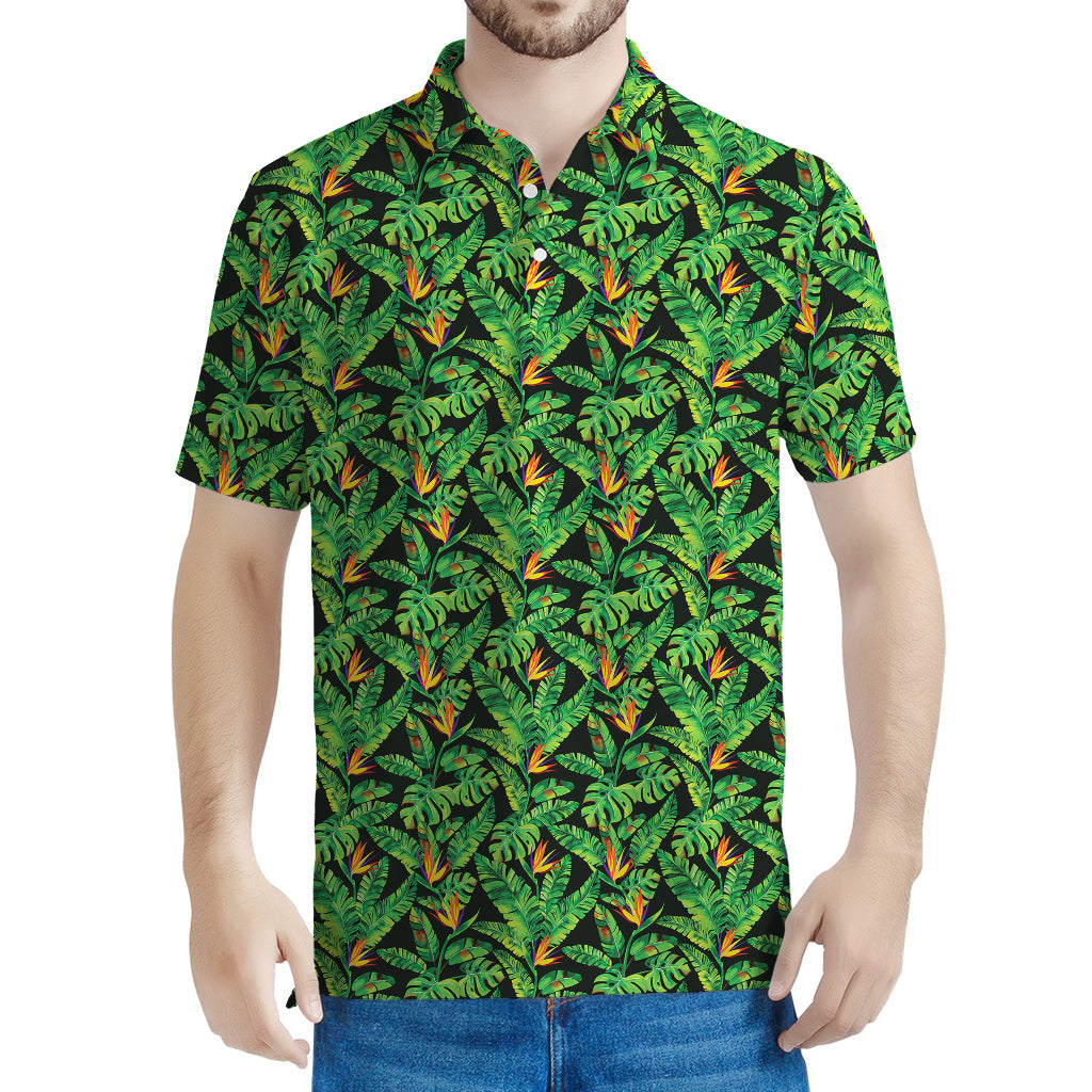 Bird Of Paradise And Palm Leaves Print Men's Polo Shirt