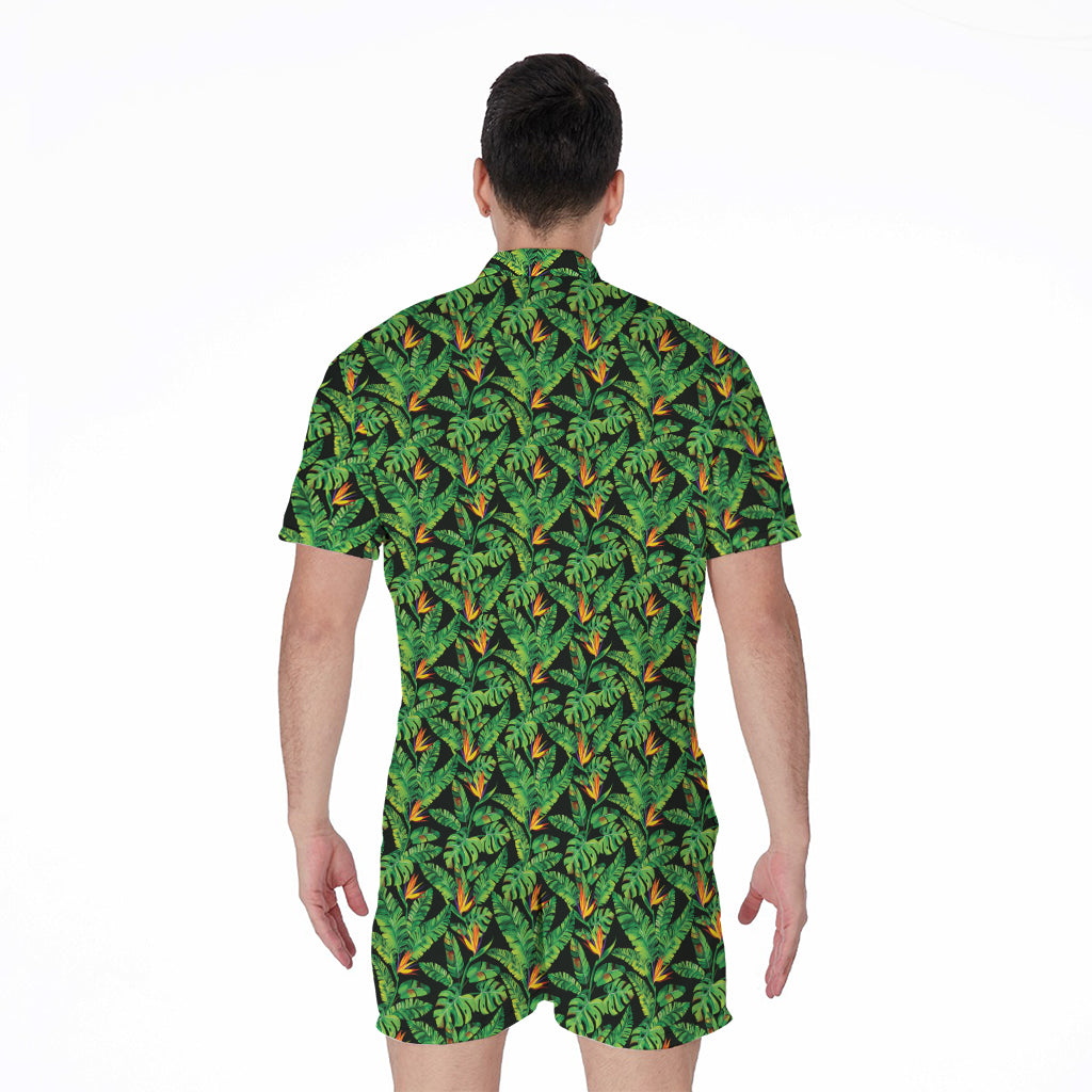 Bird Of Paradise And Palm Leaves Print Men's Rompers