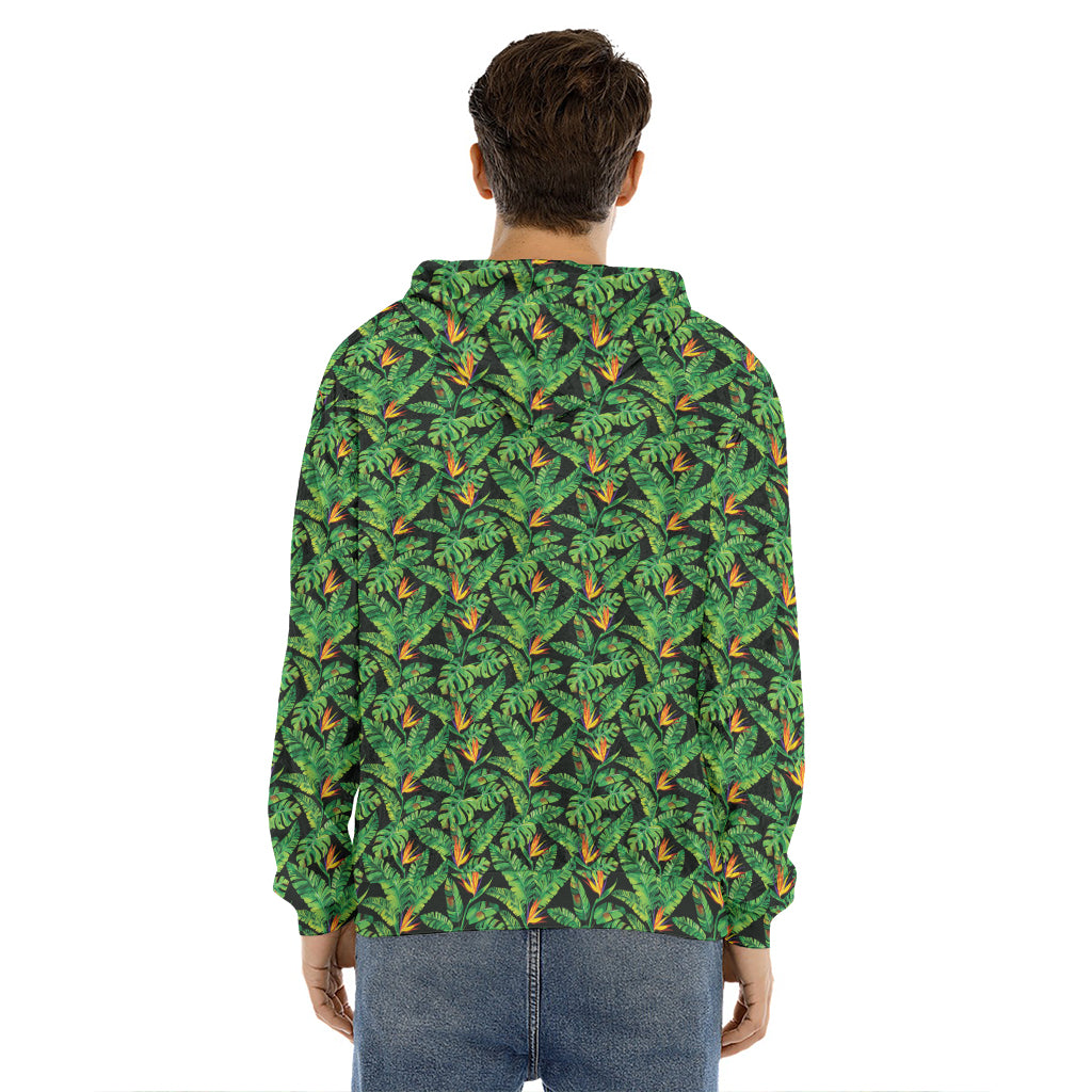 Bird Of Paradise And Palm Leaves Print Men's Velvet Pullover Hoodie